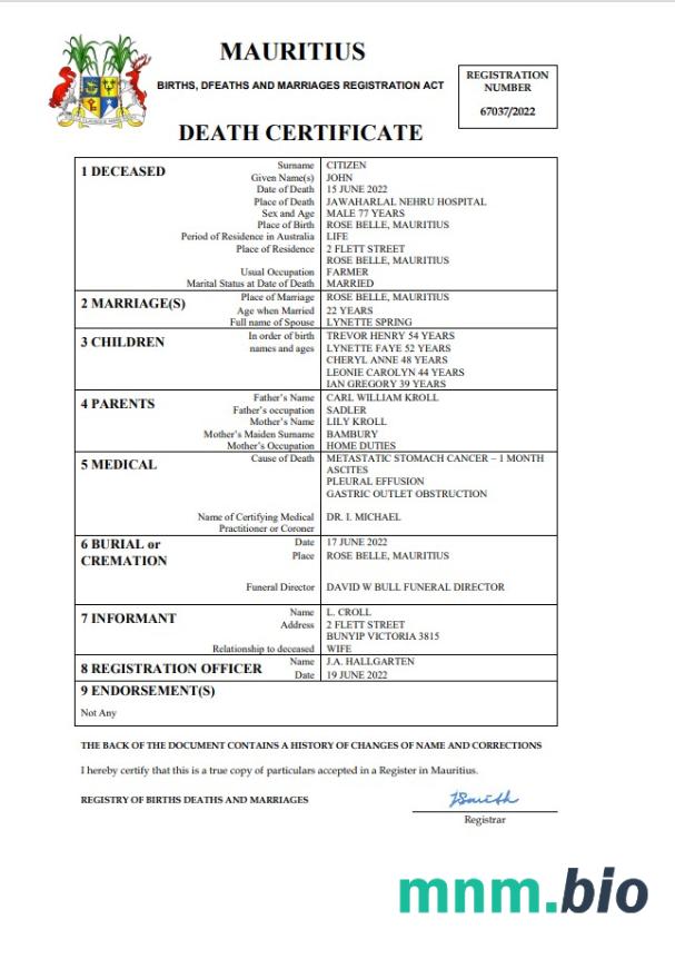 Mauritius śmierć certyfikat Word i PDF szablon, completely editable